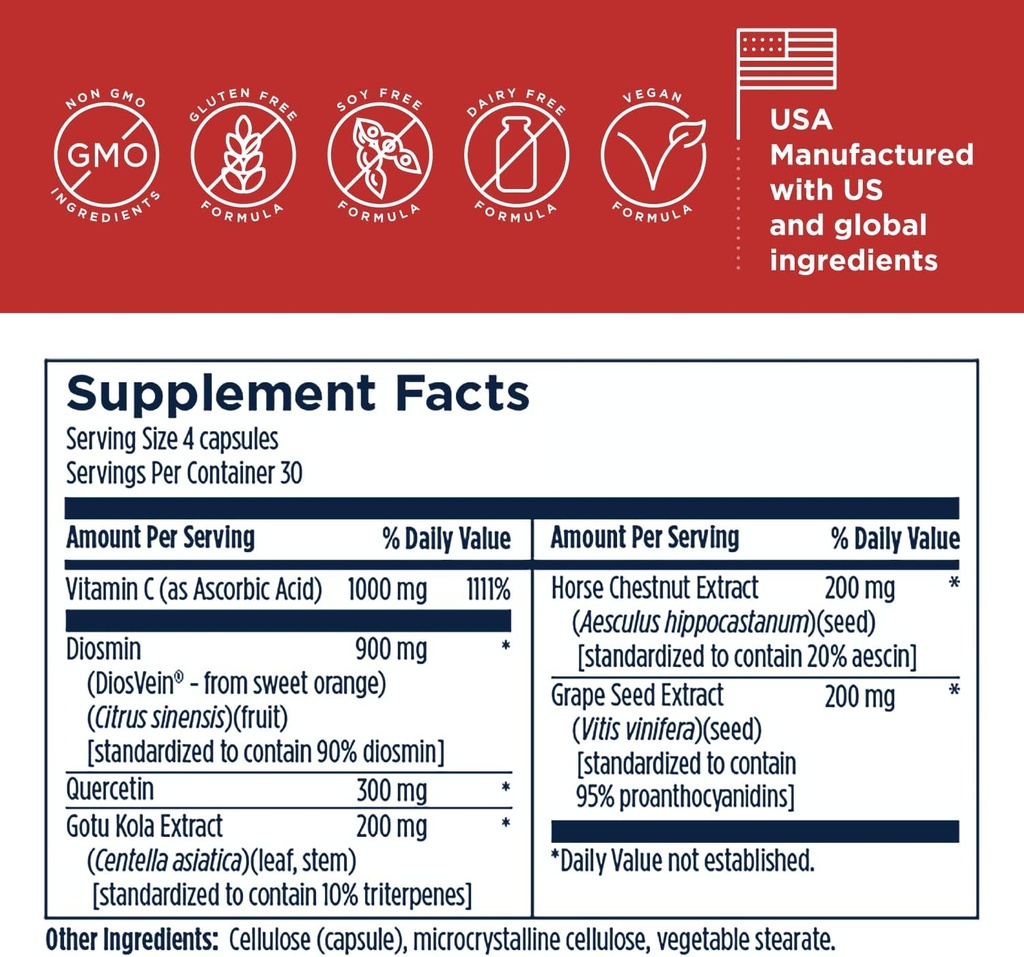 Designs for Health Vessel Forte - Healthy Blood Vessel Support Supplement with Diosmin, Quercetin, Gotu Kola Extract, Horse Chestnut + Grape Seed - Non-GMO (120 Capsules) 4