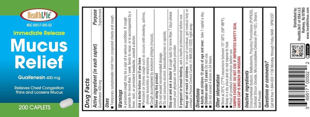 HealthLife® Mucus Relief Guaifenesin Caplets 400 mg, Immediate Release (300 Count) Fast Acting Expectorant, Thin and Loosens Mucus, Relieves Chest Congestion, Cough, Cold and Flu 5