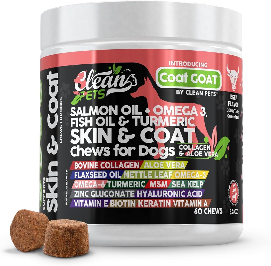 Salmon Oil Omega 3 Fish Oil for Dogs Skin and Coat Supplement | Dog Collagen Aloe Vera Biotin Keratin Flaxseed Nettle Leaf Sea Kelp Hyaluronic Acid Brewers Yeast Vitamin A - Coat Goat 2