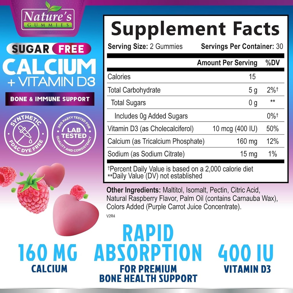 Calcium Supplement Gummies - Sugar Free Calcium Gummy with 400 IU Vitamin D3 for Best Absorption - Supports Immune Health, Bones & Teeth - Nature's Calcium Chews for Women & Men - 120 Gummies 3