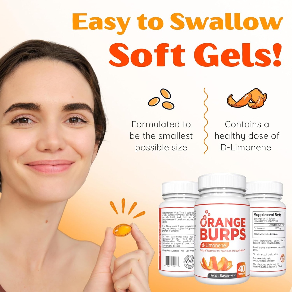 Orange Burps | D-Limonene Supplement - Acid Reducer (Antacid for Acid Reflux), Heartburn Relief, GERD Relief, and Indigestion Relief | Orange Peel Extract for Health and Wellness (1,000 mg, Pack of 2) 5