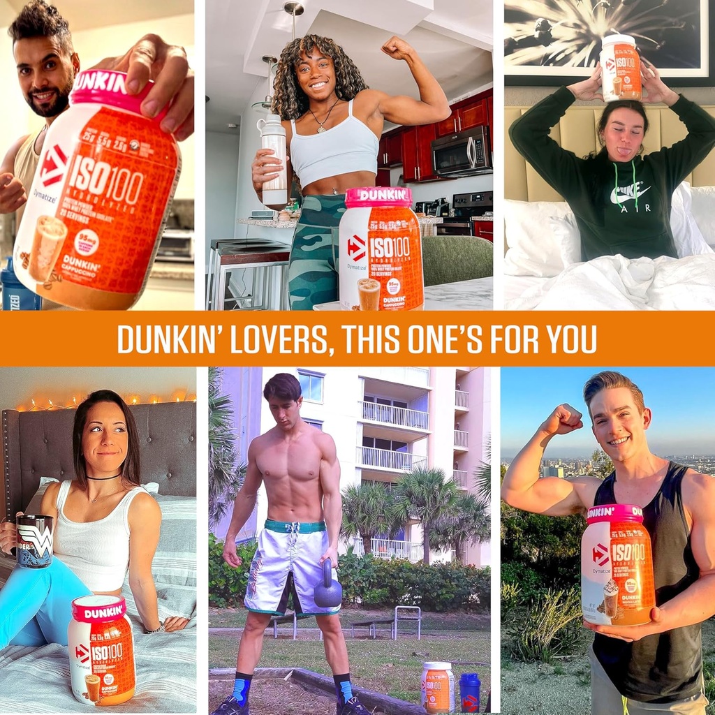 Dymatize x Dunkin' Glazed Donut ISO100 Whey Protein Powder, 25g of Protein, 5.5g BCAAs, 120 Cal., Gluten Free, 1g Fat, 1g Sugar, 2g Carb (20 Servings) 5