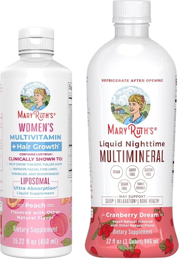 MaryRuth's Women's Multivitamin + Hair Growth Liposomal (Peach) & Liquid Nighttime Multimineral (Cranberry) | Clean Label Project Verified® | Vegan | Beauty, Bedtime, & Overall Health 2