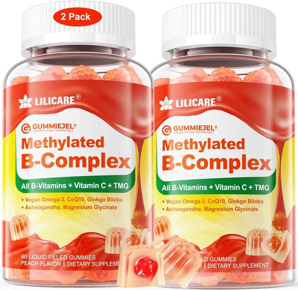 Women's & Men's Super Vitamin B Complex Filled Gummies, Methylated w/Omega 3, Magnesium,CoQ10, Ashwagandha,Vitamin C, TMG, Sugar Free - 60 Count (Pack of 2) 2
