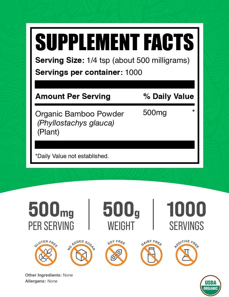 BulkSupplements.com Organic Bamboo Powder - Silica Supplements, Bamboo Supplement - Gluten Free, 500mg per Serving, 500g (1.1 lbs) (Pack of 1) 3