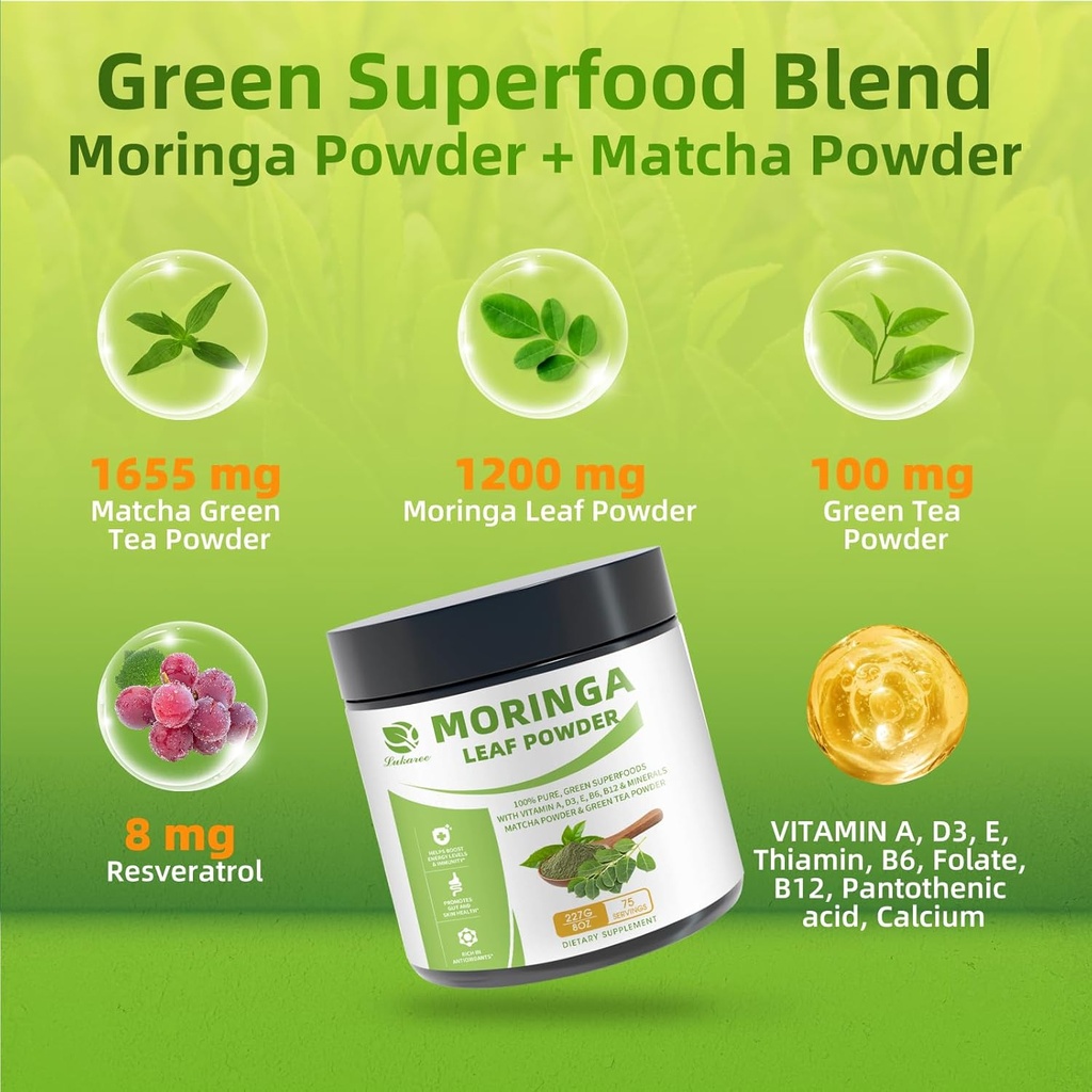 Organic Moringa Powder & Matcha Powder, Multi-Green Superfoods with Green Tea Resveratrol - Energy and Digestive Support, Rich in Antioxidants and Vitamin A D3 E B6 B12 Calcium, Non-GMO, Vegan, 16 oz 3