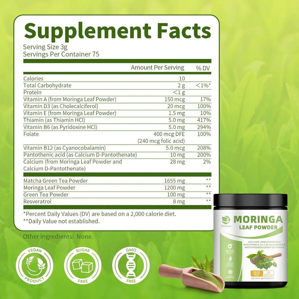 Organic Moringa Powder & Matcha Powder, Multi-Green Superfoods with Green Tea Resveratrol - Energy and Digestive Support, Rich in Antioxidants and Vitamin A D3 E B6 B12 Calcium, Non-GMO, Vegan, 16 oz 4