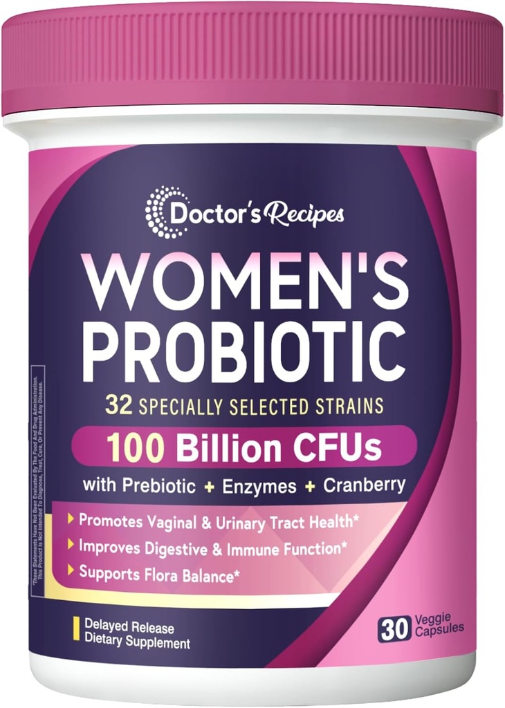 Doctor's Recipes Probiotics for Women, 100 Billion CFU 32 Strains, with Prebiotic Fiber, Enzymes & Cranberry, Vaginal Urinary Digestive & Immune, No Yeast, Shelf Stable, Delayed Release, 30 Caps 2