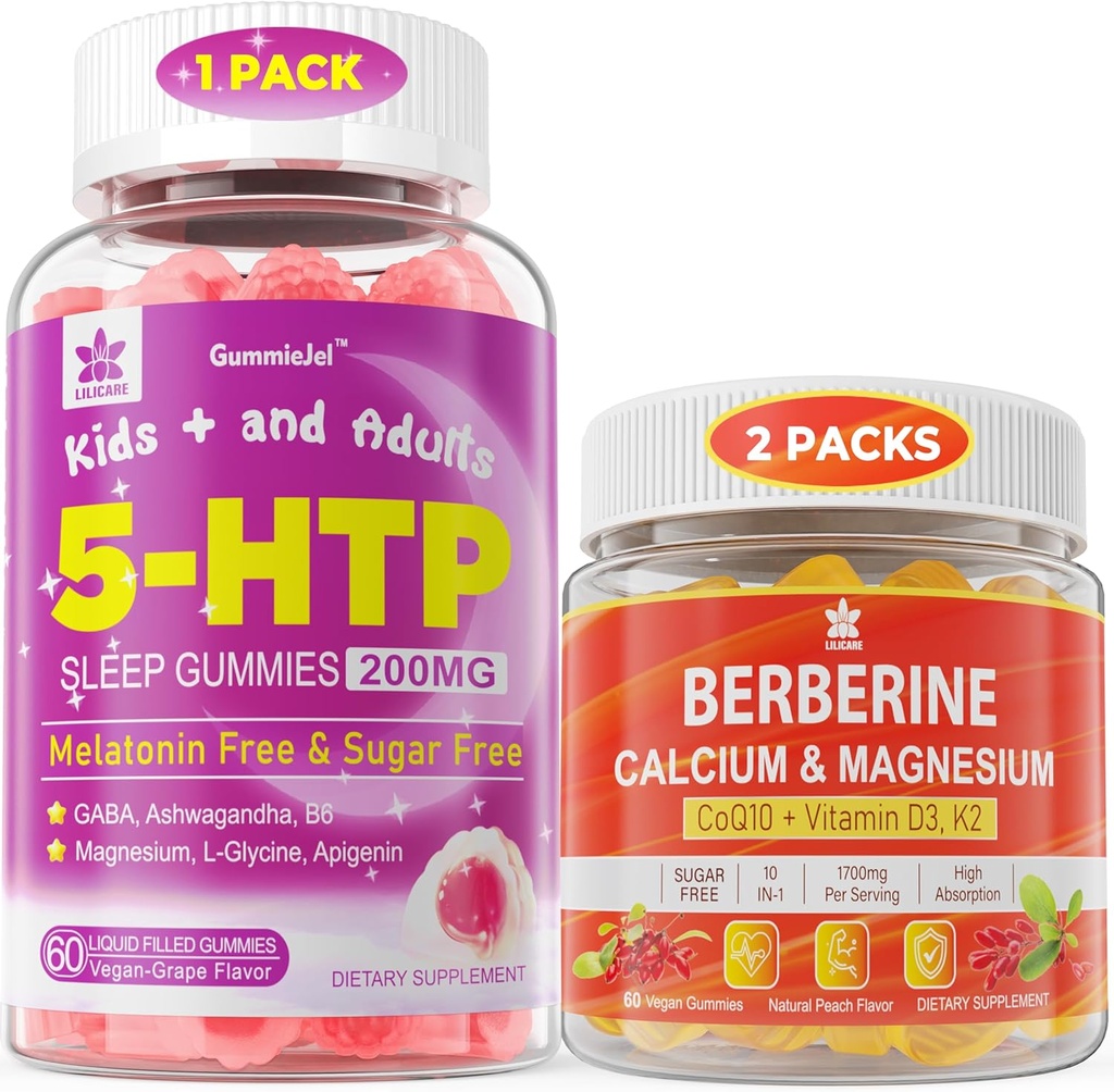 2Pack Berberine Supplement Gummies & 1Pack 5HTP Liquid Filled Gummies for Adults & Kids 8+, Sugar Free 2