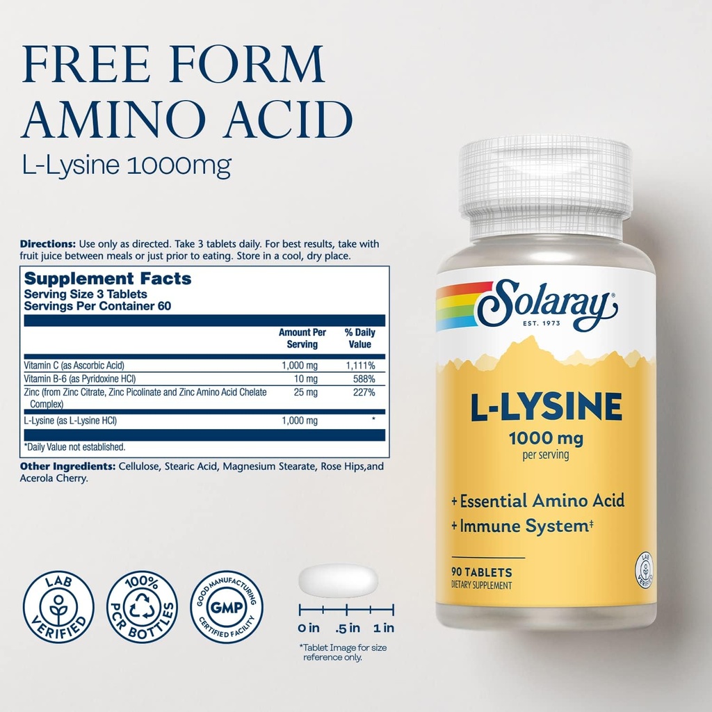 SOLARAY L Lysine - Free-Form Essential Amino Acid - Immune Support Supplement with 1000mg L-Lysine, 1000mg Vitamin C and 25mg Chelated Zinc - Lab Verified, 60-Day Guarantee, 30 Servings, 90 Tablets 3