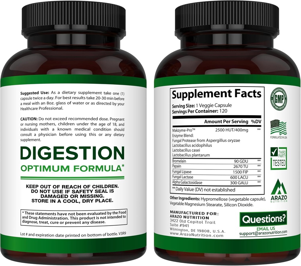 Digestive Enzymes with Probiotics - Multi Enzyme Nutritional Supplement - Acidophilus Bromelain Papaya Papain Lipase & Lactase - Improve Digestion - 120 Pills - Arazo Nutrition 4