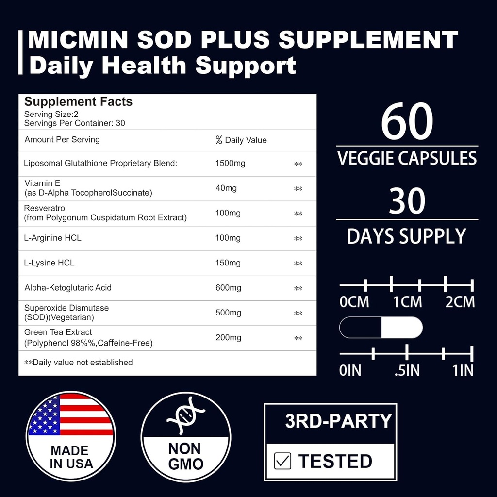 Superoxide Dismutase Supplement 500mg - SOD Plus with liposomal glutathione, AKG, Green Tea Extract, L-Arginine, Lysine, Resveratrol and Vitamin E for Immune Support, Antioxidant 60 Capsules 3