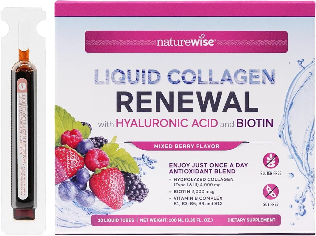 NatureWise Hydrolyzed Liquid Collagen for Women & Men 4000mg - High Absorption, Type 1 & 3 Peptides with Biotin + Vitamin C + Vitamin B Complex & Hyaluronic Acid -Mixed Berry - 10 Tubes[10 Day Supply] 2