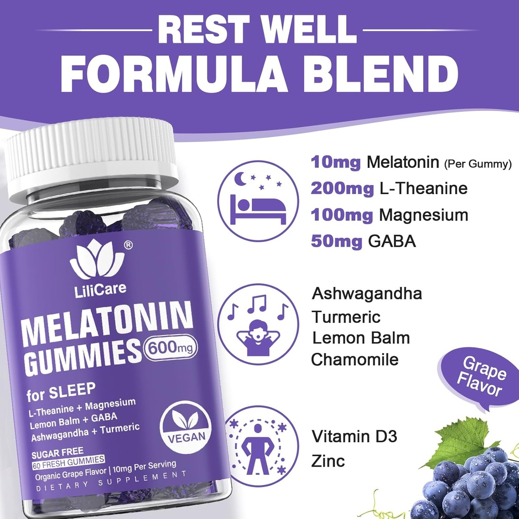 Melatonin 20mg Gummies for Adults (2 Packs) Extra Strength with L-Theanine, Ashwagandha, Magnesium, Turmeric, GABA, Lemon Balm and Chamomile for Supports Healthy Circadian Rhythm, Grape Flavor 6