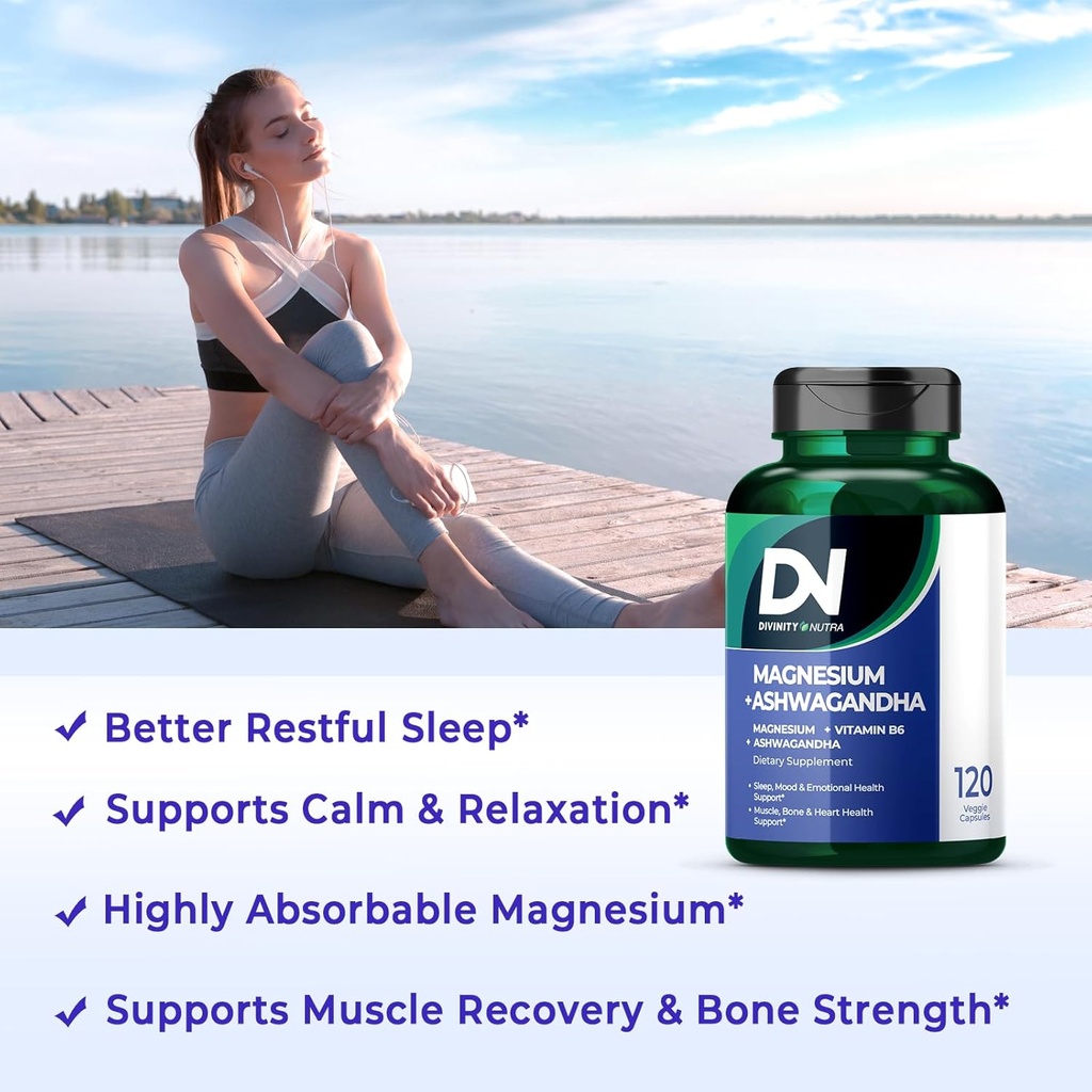 Divinity Nutra Magnesium Ashwagandha Supplement, Calming Magnesium Glycinate & Malate Vitamin B6 for Muscles Bone Health Support Muscle Recovery, Calm & Relaxation 468mg 120 ct (2 Month Supply) 3