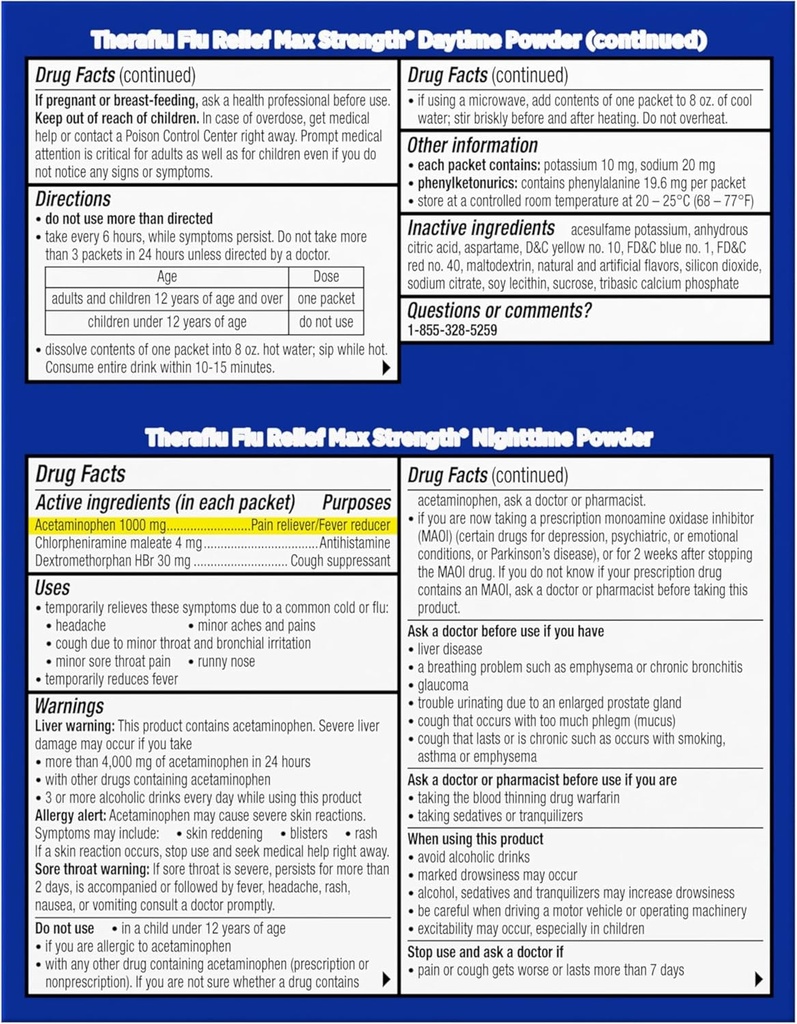 Theraflu Max Strength Daytime & Nighttime Flu Symptom Relief Honey Lemon Flavor Powder & Daytime Flu Symptom Relief Honey Lemon Powder, 6 Daytime + 6 Nighttime, & 6 Honey Lemon Flavor Powder Packets 6