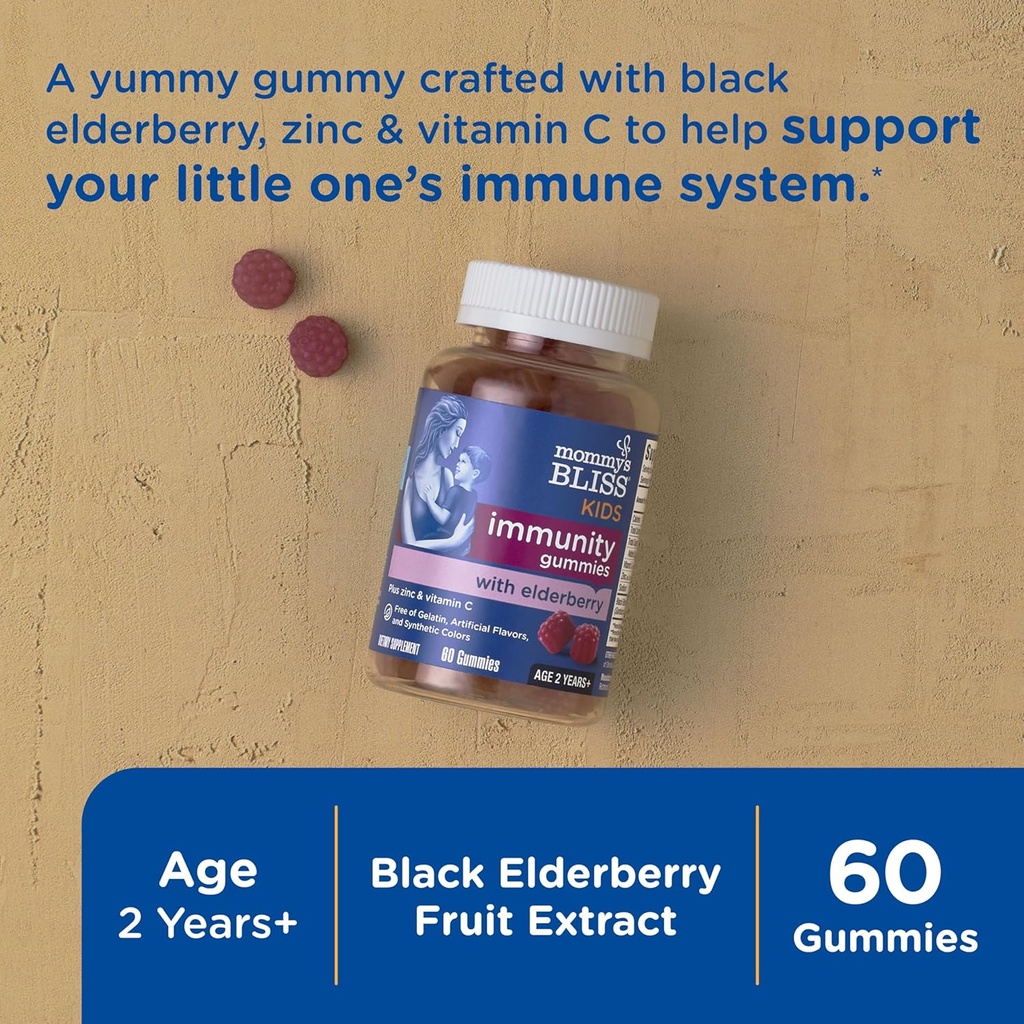 Mommy's Bliss Kids Elderberry Gummies, Supports Immunity with Black Elderberry, Zinc & Vitamin C, Gluten Free & Vegan, Age 2 Years+ (60 Count) 3
