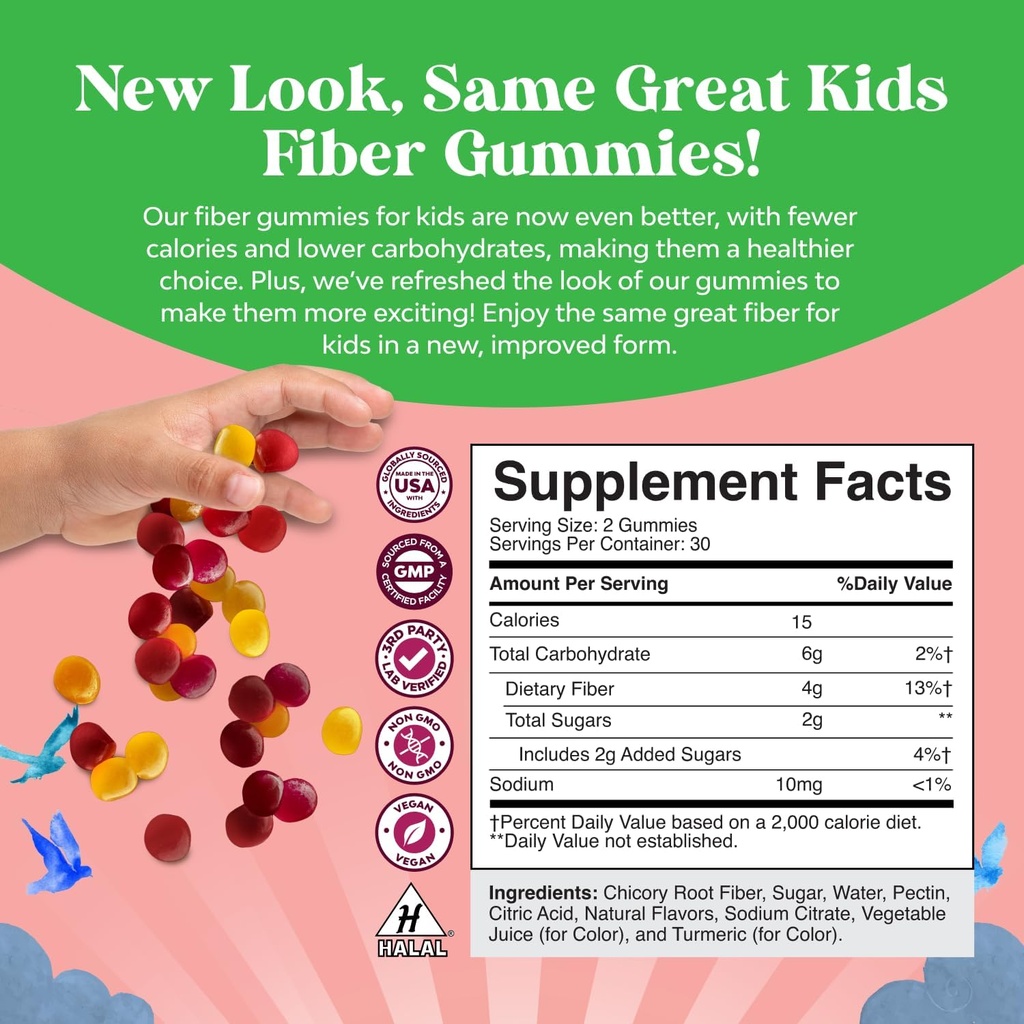 High Prebiotic Fiber Gummies for Kids - Dietary Fiber Supplements for Digestion & Constipation - Chicory Root Kids Immune Gummies - Non-GMO & Vegan Digestive Nutritional Supplements - 60 Count 4
