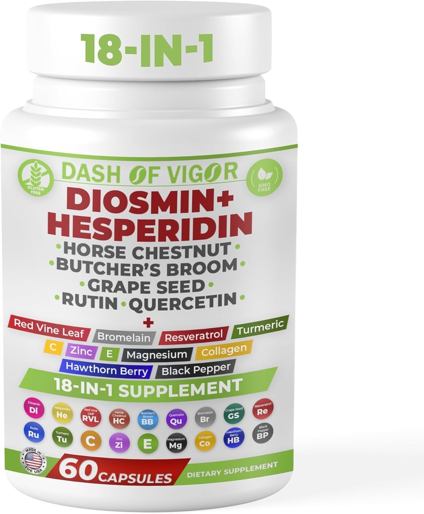 Dash of Vigor 18-in-1 Diosmin Hesperidin Supplement, Quercetin with Bromelain, Zinc, Vitamin C with Rutin Supplement, Horse Chestnut Extract, Butcher's Broom Extract, USA, 60 Capsules 2