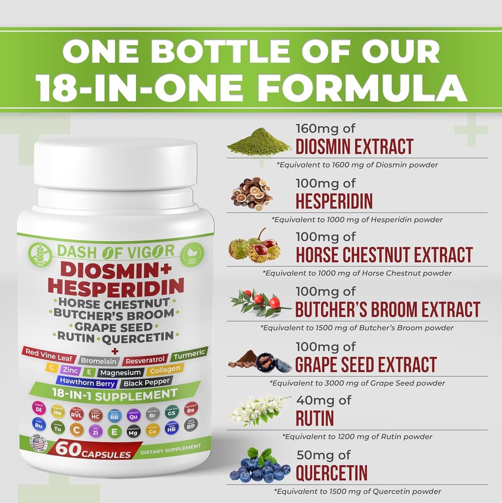 Dash of Vigor 18-in-1 Diosmin Hesperidin Supplement, Quercetin with Bromelain, Zinc, Vitamin C with Rutin Supplement, Horse Chestnut Extract, Butcher's Broom Extract, USA, 60 Capsules 4