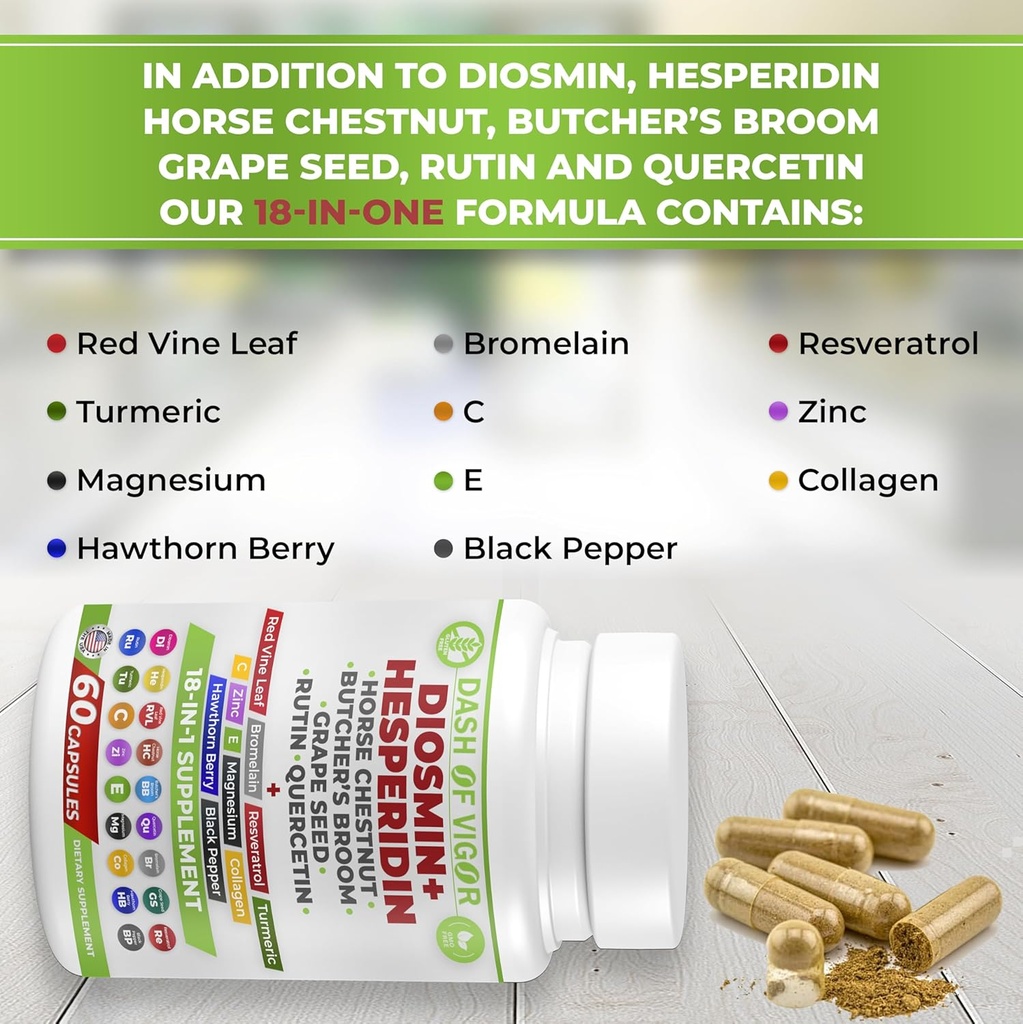 Dash of Vigor 18-in-1 Diosmin Hesperidin Supplement, Quercetin with Bromelain, Zinc, Vitamin C with Rutin Supplement, Horse Chestnut Extract, Butcher's Broom Extract, USA, 60 Capsules 5