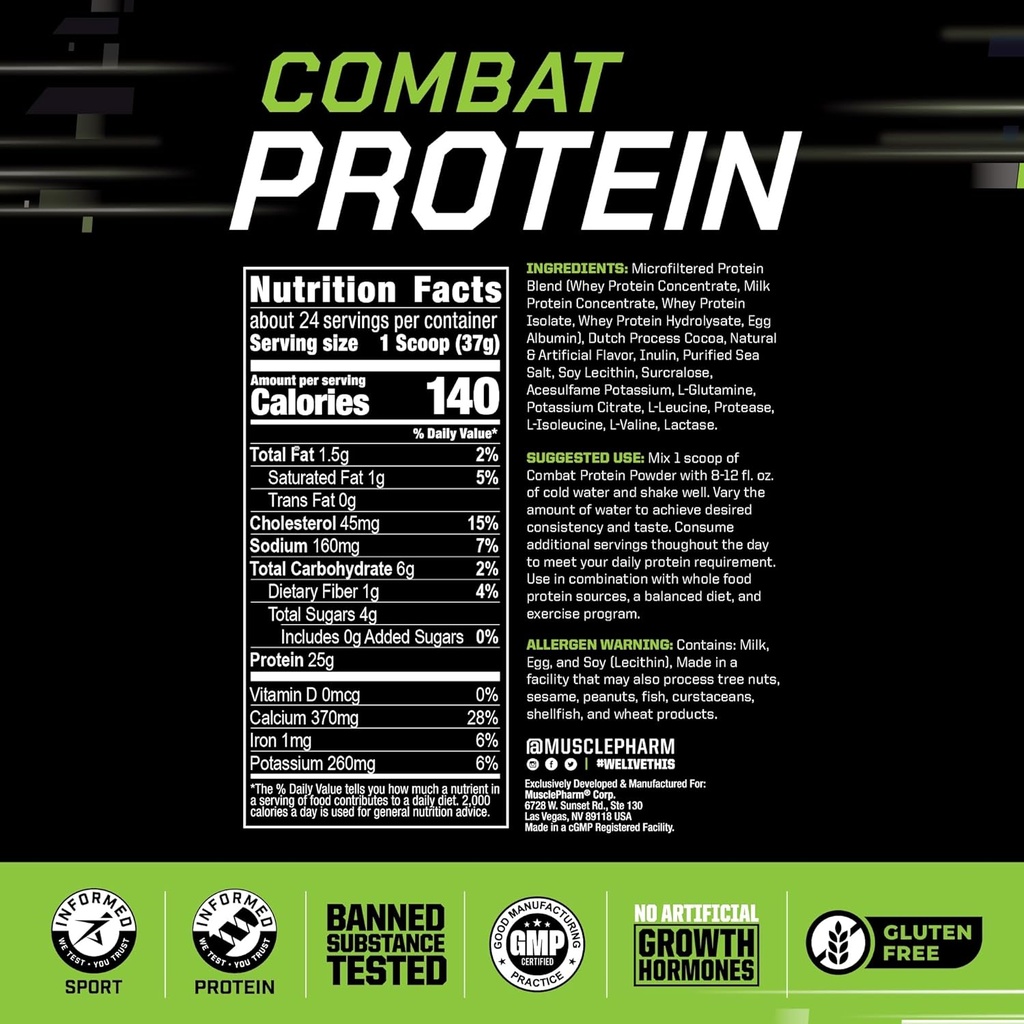 MusclePharm Combat Protein Powder, Chocolate Milk Flavor, Fuels Muscles for Productive Workouts, 5 Protein Sources Including Whey Protein Isolate & Egg Albumin, Gluten Free, 2 lb, 24 Servings 4
