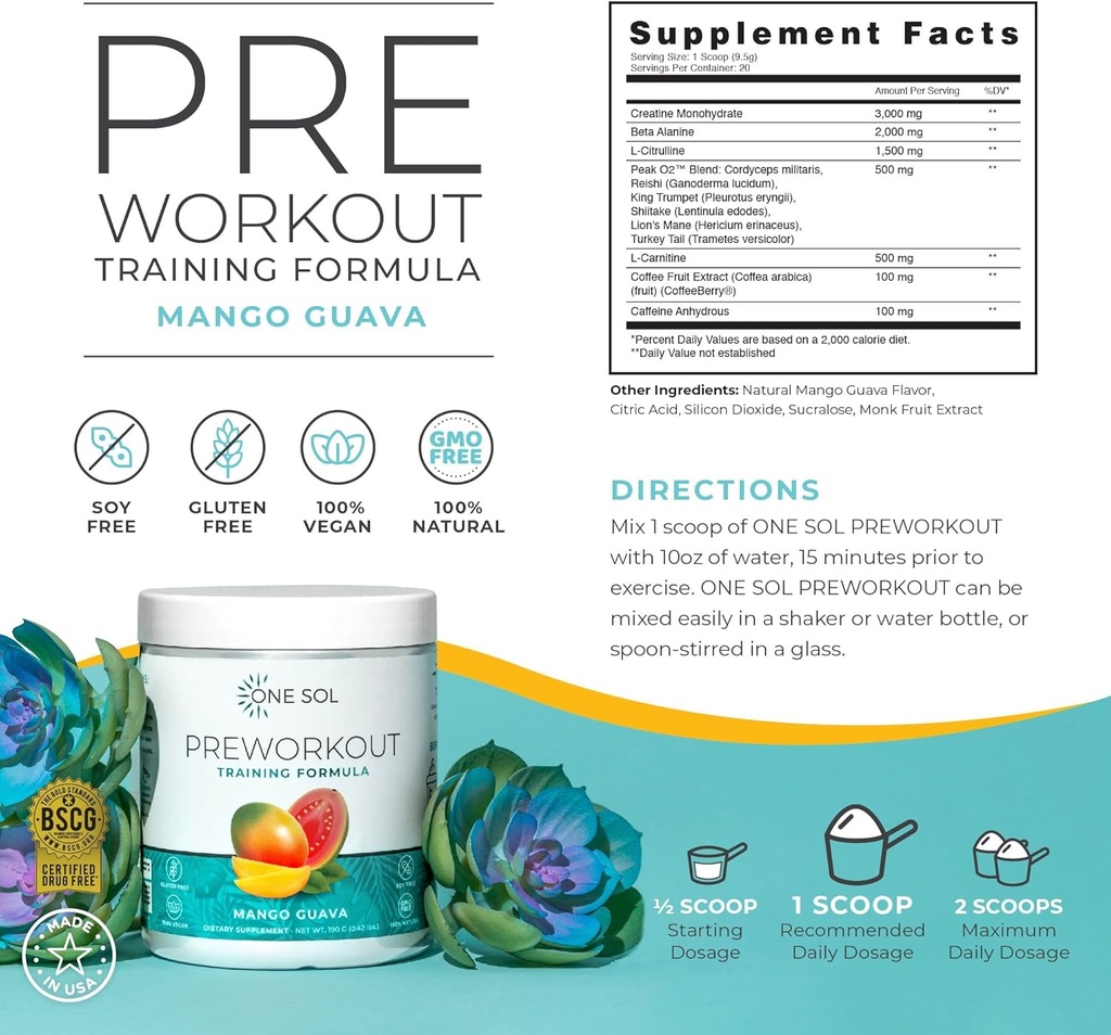 One Sol Pre-Workout for Women, Enhanced Pump & Focus, No Jitters Or Crash, Natural Ingredients, 100% Vegan, Gluten Free & Soy Free, (Mango Guava) 3