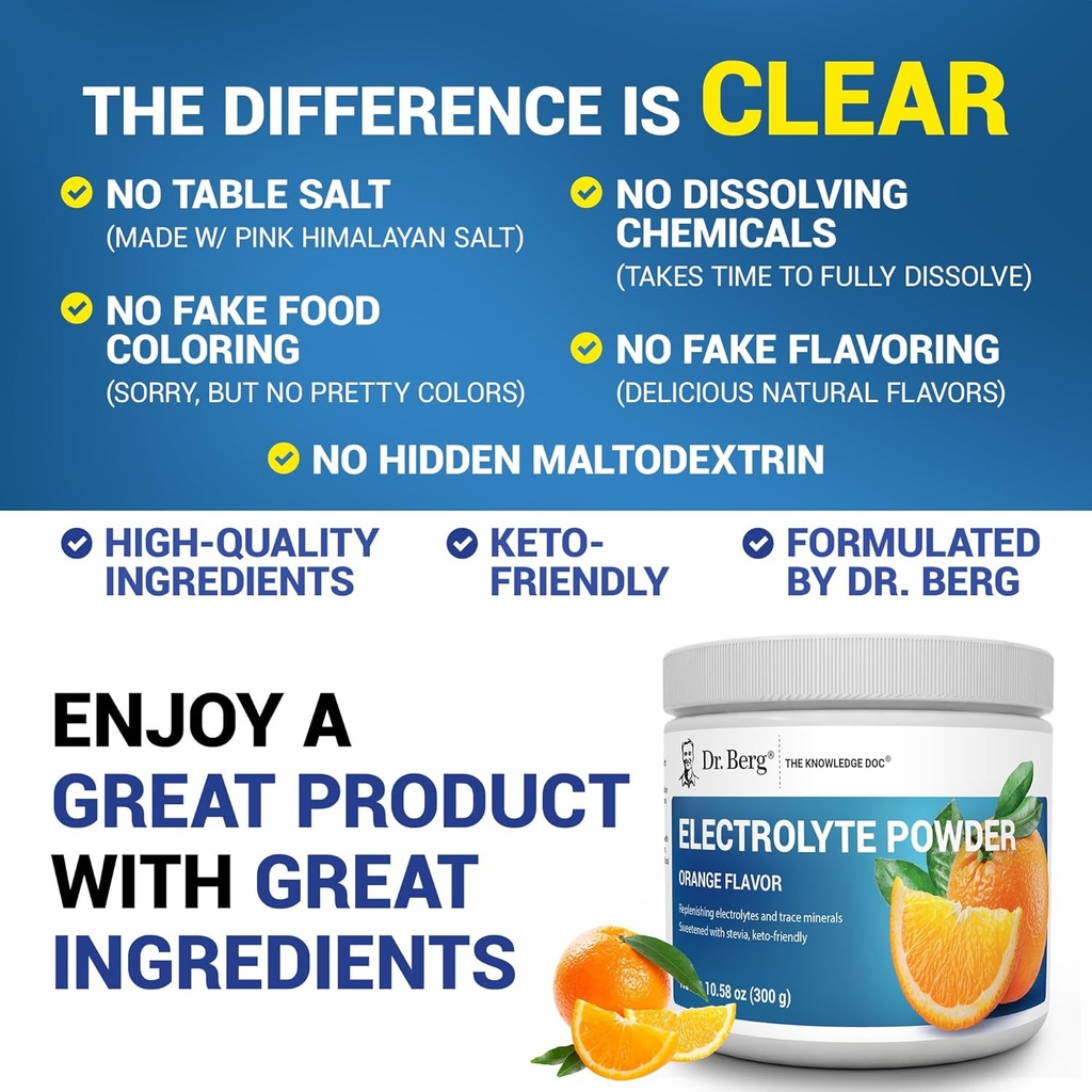 Dr. Berg Zero Sugar Hydration Keto Electrolyte Powder - Enhanced w/ 1000 mg of Potassium & Real Pink Himalayan Salt (NOT Table Salt) - Orange Flavor Hydration Drink Mix Supplement - 50 Servings 6