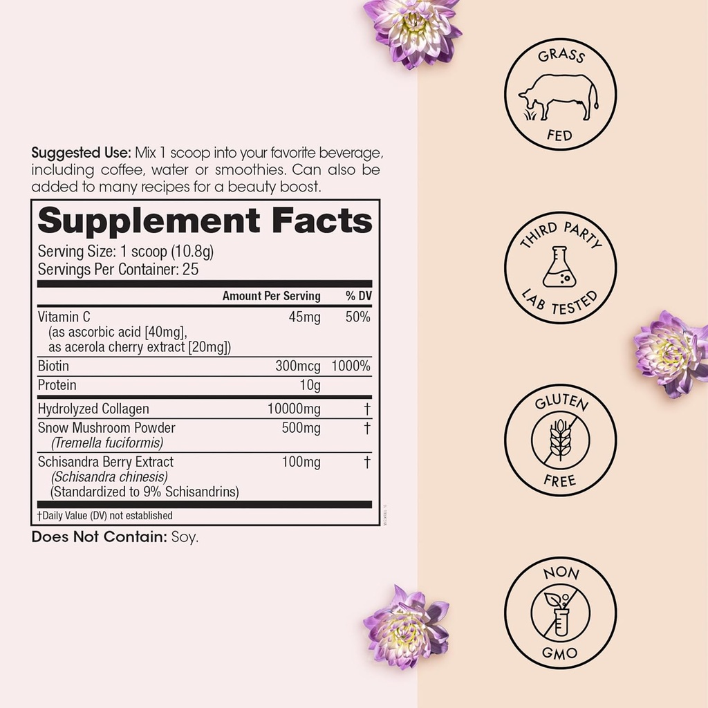 Winged Wellness Glow Up, Collagen Powder for Women - Hair, Skin & Nails Beauty Supplement with Grass-Fed Hydrolyzed Collagen Peptides Adaptogens, Vitamin C & Biotin - 25 Servings, Unflavored 5