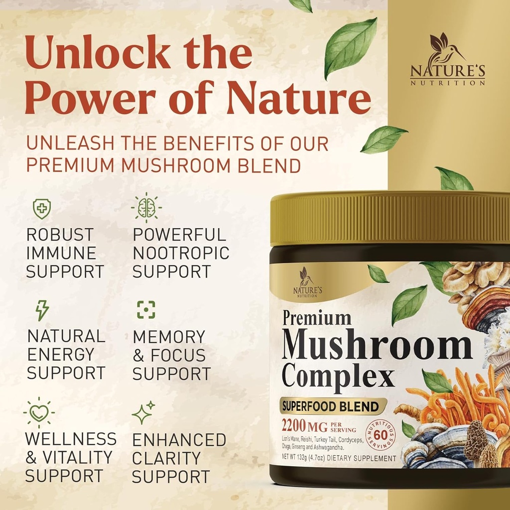 Mushroom Powder Supplements 2200mg - 11 in 1 Complex Formula Powder with Organic Lions Mane, Reishi, Cordyceps, Chaga, Turkey Tail Mushroom Extract Supplement for Memory & Brain Support - 60 Servings 6