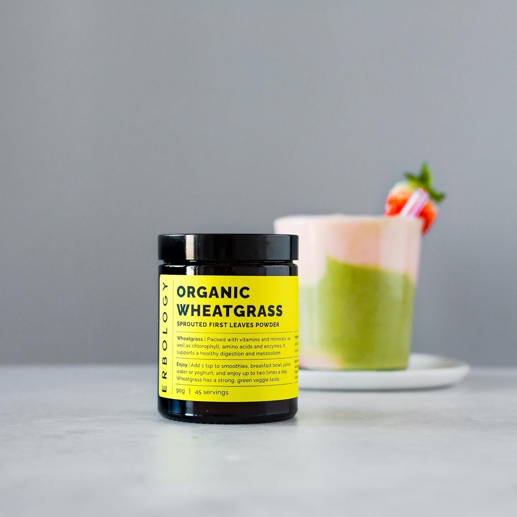 Erbology Organic Wheatgrass Powder 3.2 oz - 45 Servings - Body Cleansing and Gut Health Support - Rich in Chlorophyll and Iron - Sustainably Sourced in Europe - Small Batch - Vegan - GMO-Free 3