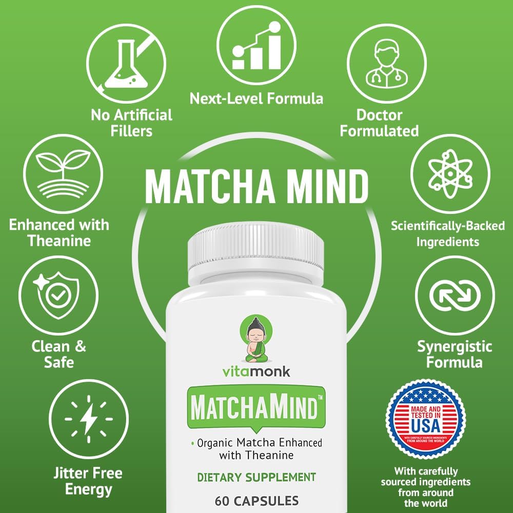 VitaMonk Matcha Capsules with Theanine & Theobromine - Matcha Pills from Japan with 25mg Natural Caffeine - for Smooth Energy and Focus Without The Jitters - 60 ct 5