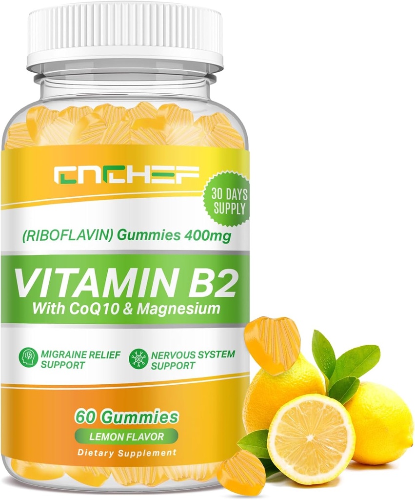 Vitamin B2 Gummies, Riboflavin 400mg Supplement with Magnesium Glycinate & CoQ10 for Adults & Kids, Support Migraine Relief & Nervous System, Boost Energy, Sugar Free Vegan B2 Gummies Lemon Flavor 2