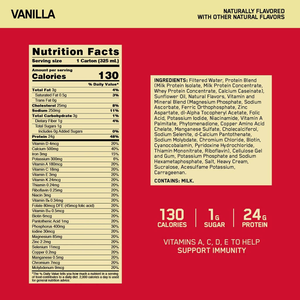 Optimum Nutrition Gold Standard Protein Shake, 24g Protein, Ready to Drink Protein Shake, Gluten Free, Vitamin C for Immune Support, Vanilla, 11 Fl Oz, 12 Count (Pack of 1) (Packaging May Vary) 3