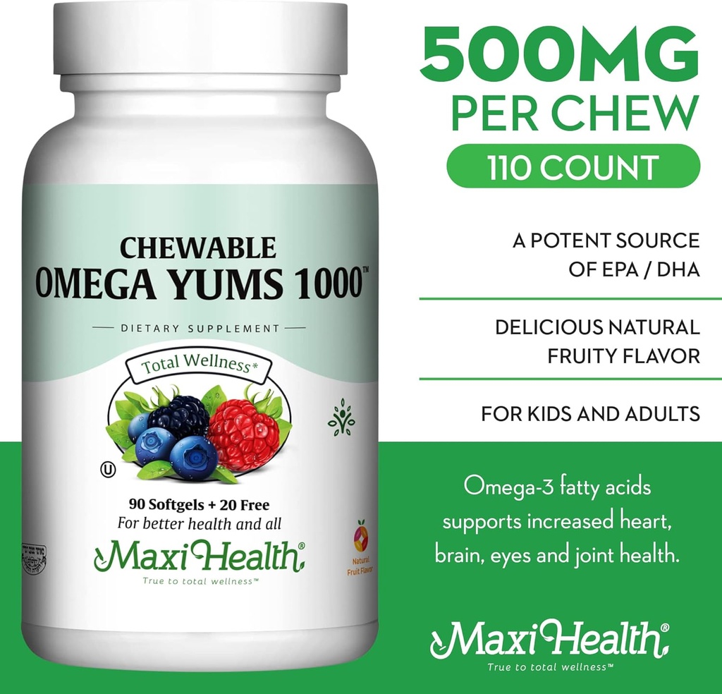 Maxi Health Omega Yums 1000 - Kid Friendly - Fruity Burst Flavor - 110 Softgel Capsules - Kosher 3