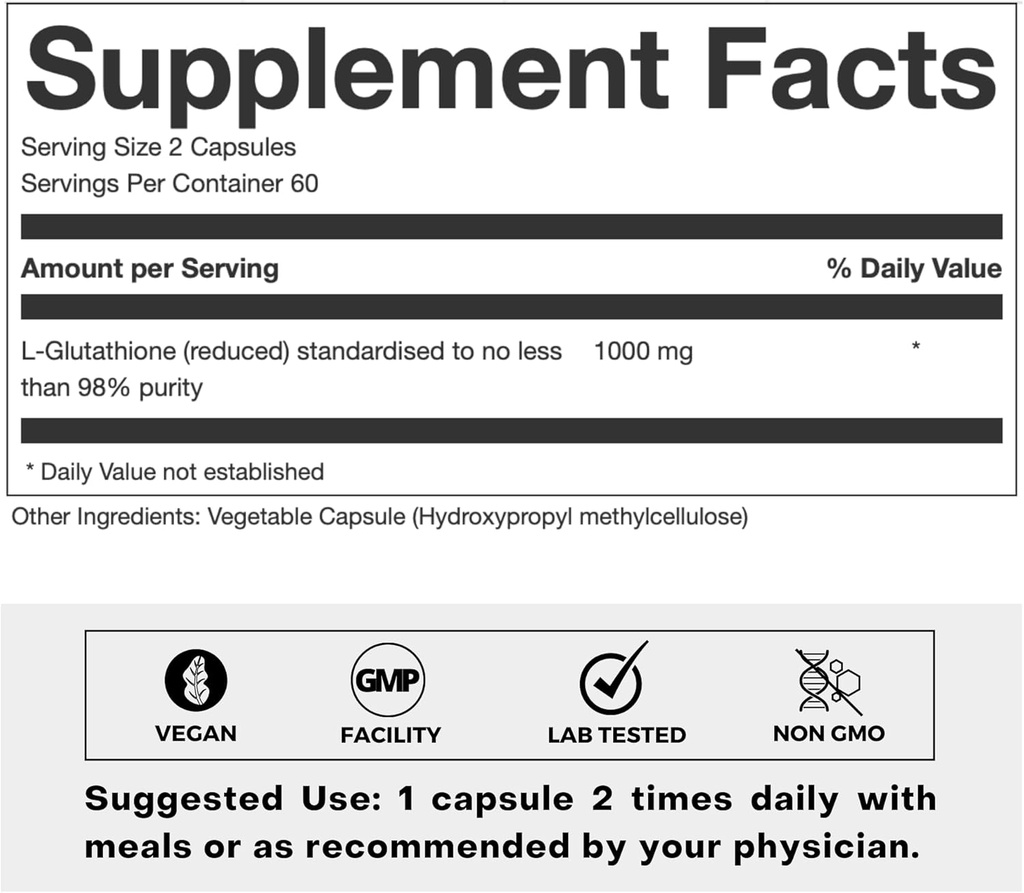 Ultra High Strength L-Glutathione 98% Supplement for Glowing Skin - Collagen Supplements for Women and Men - 500mg Concentrated Formula, Reduced L-Glutathione Supplement - 60 Capsules 3