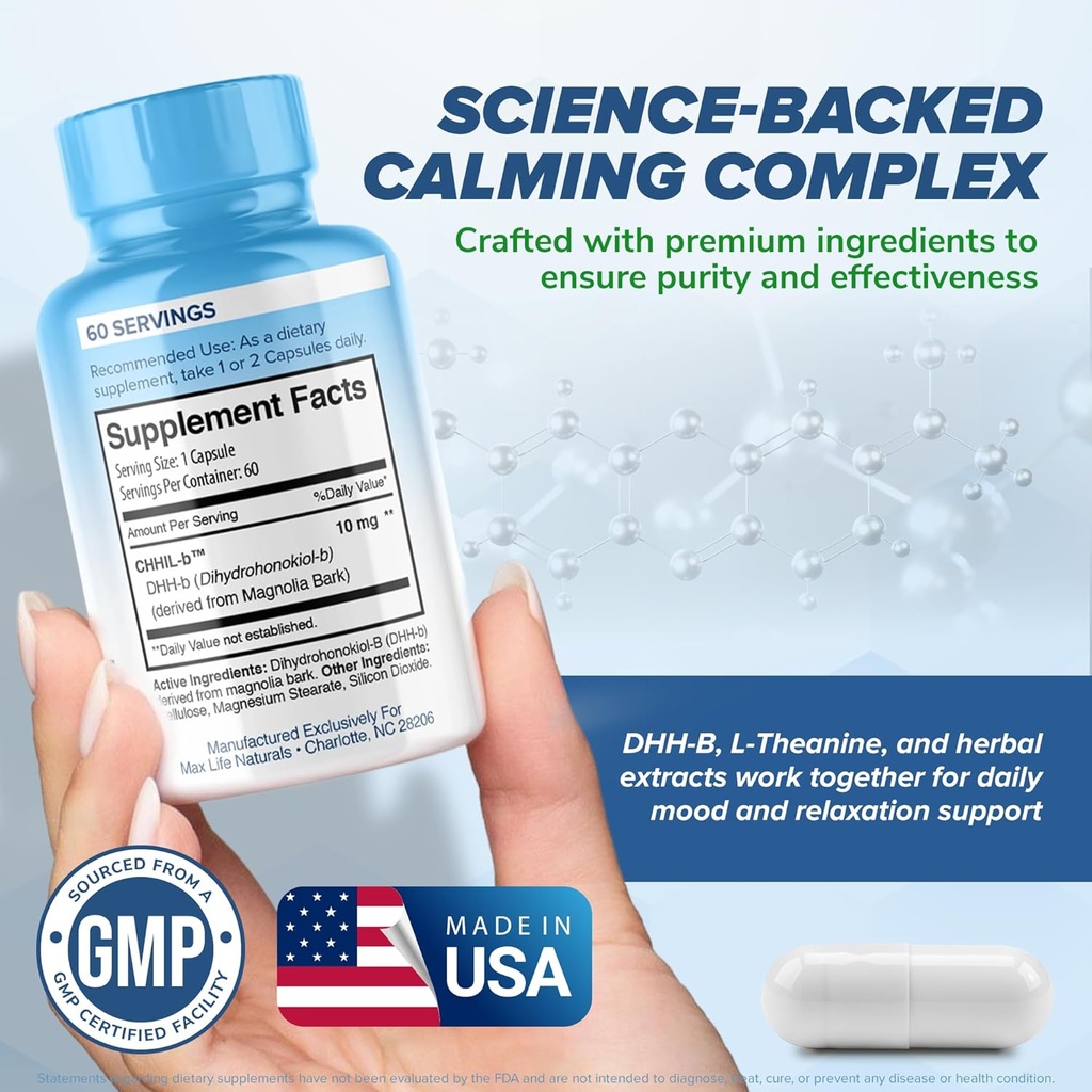 Chill Pill Happy Pills Mood Stabilizer Women and Men with Magnolia Bark 60 Capsules Formulated in USA - DHH-B Dihydrohonokiol-B Calm Pills Minerals and Chill Formula for Relaxation and Health Balance 6