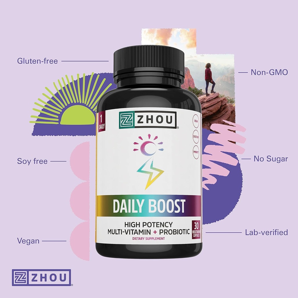 Zhou Daily Boost - Probiotic Multivitamin for Women & Men, Immune Support, Antioxidant & Eye Health Supplement with Vitamin A, Vitamin C, Biotin & Folate for Adults - 30 Veggie Capsules 5