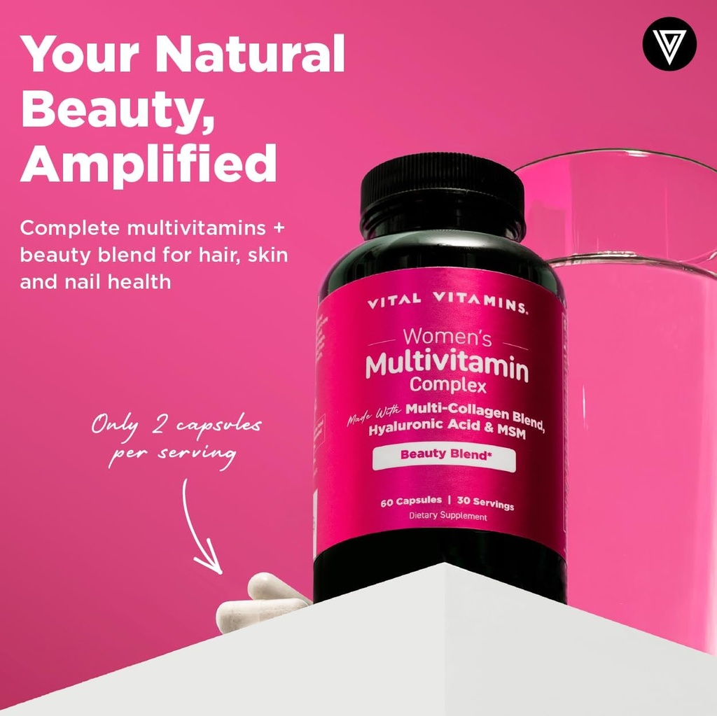 Vital Vitamins Women's Multivitamin Complex - Made with Multi-Collagen Blend, Hyaluronic Acid, & MSM - Beauty Multivitamins - with Vitamin A, C, E, B6, B12, D3-60 Capsules 3