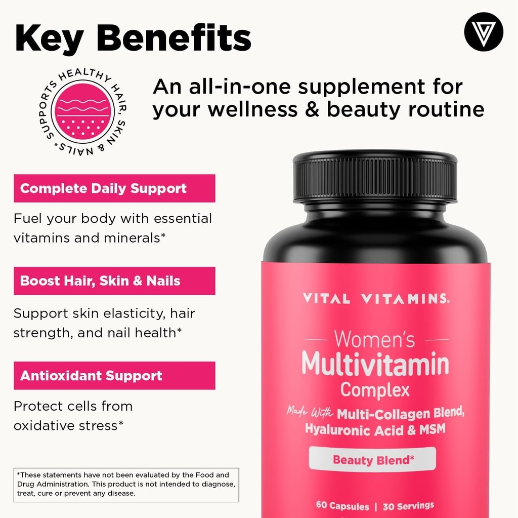 Vital Vitamins Women's Multivitamin Complex - Made with Multi-Collagen Blend, Hyaluronic Acid, & MSM - Beauty Multivitamins - with Vitamin A, C, E, B6, B12, D3-60 Capsules 5