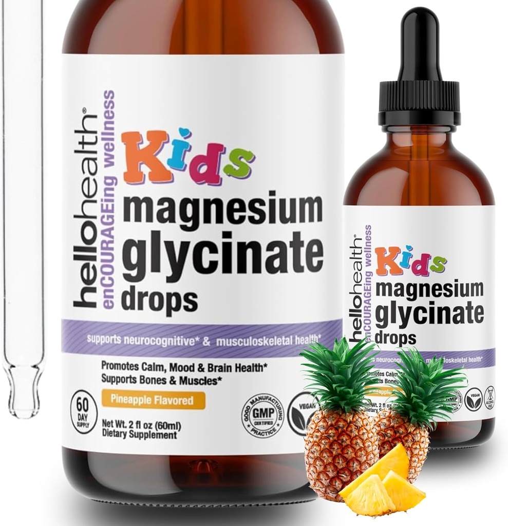 Kids Magnesium Glycinate Liquid Drops – Sugar Free Liquid Magnesium Drops, Happy Calm for Kids Calming Supplement Complex – Magnesium for Children & Nighttime Sleep, Pineapple Flavor 2 Fl Oz. 2