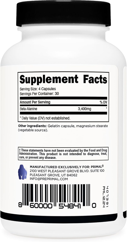 Primal Beta-Alanine Capsules 3400mg (30 Servings, 120 Capsules) - Supplement, Gluten-Free & Non-GMO, 850mg Per Cap 5