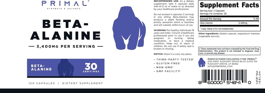 Primal Beta-Alanine Capsules 3400mg (30 Servings, 120 Capsules) - Supplement, Gluten-Free & Non-GMO, 850mg Per Cap 6