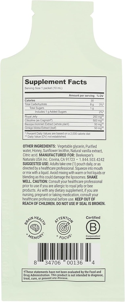 Beekeepers Naturals Brain Health Royal Jelly Liposomal SGL, 0.34 Fz 3