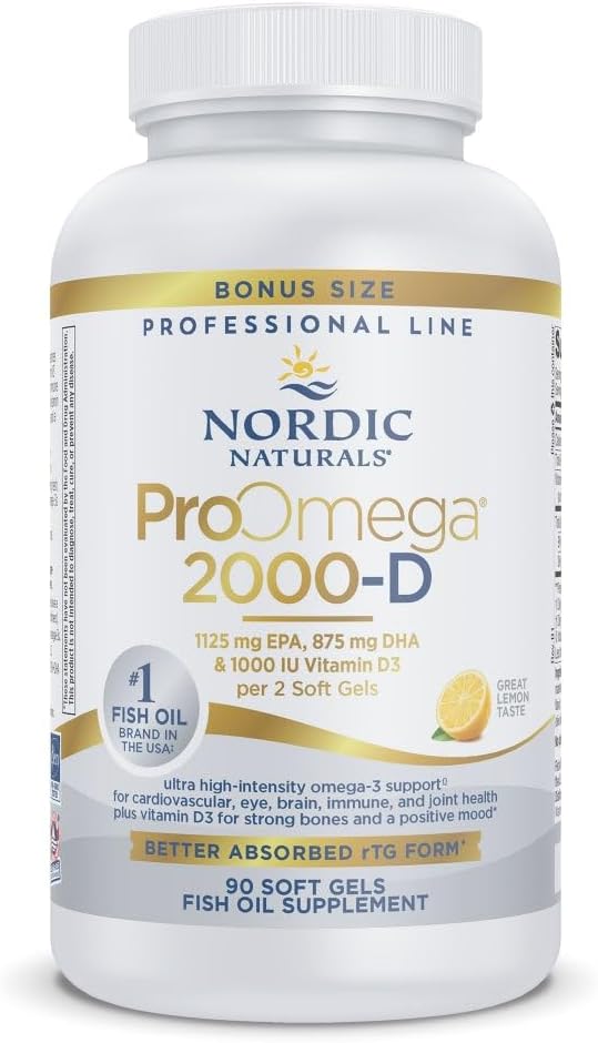 Nordic Naturals ProOmega 2000-D, Lemon Flavor - 90 Soft Gels - 2150 mg Omega-3 + 1000 IU D3 - Ultra High-Potency Fish Oil - EPA & DHA - Brain, Heart, & Immune Health - Non-GMO - 45 Servings 2
