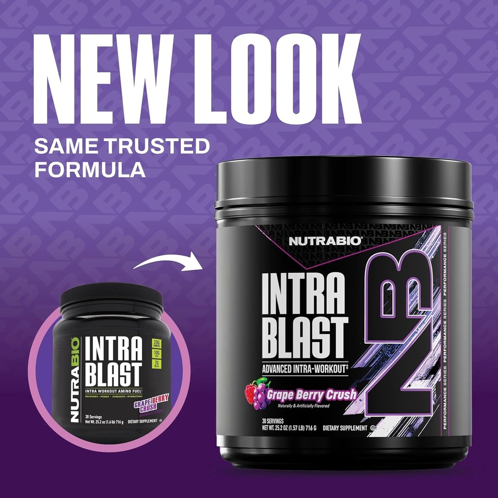 NutraBio Intra Blast Bcaa Powder Amino Acid Supplement, Electrolyte & Hydration Blend, Intra, Pre Workout & Muscle Recovery, 20g Eaa Amino Acids Powder, 5g Glutamine- Grape Berry Crush, 30 Serving 3
