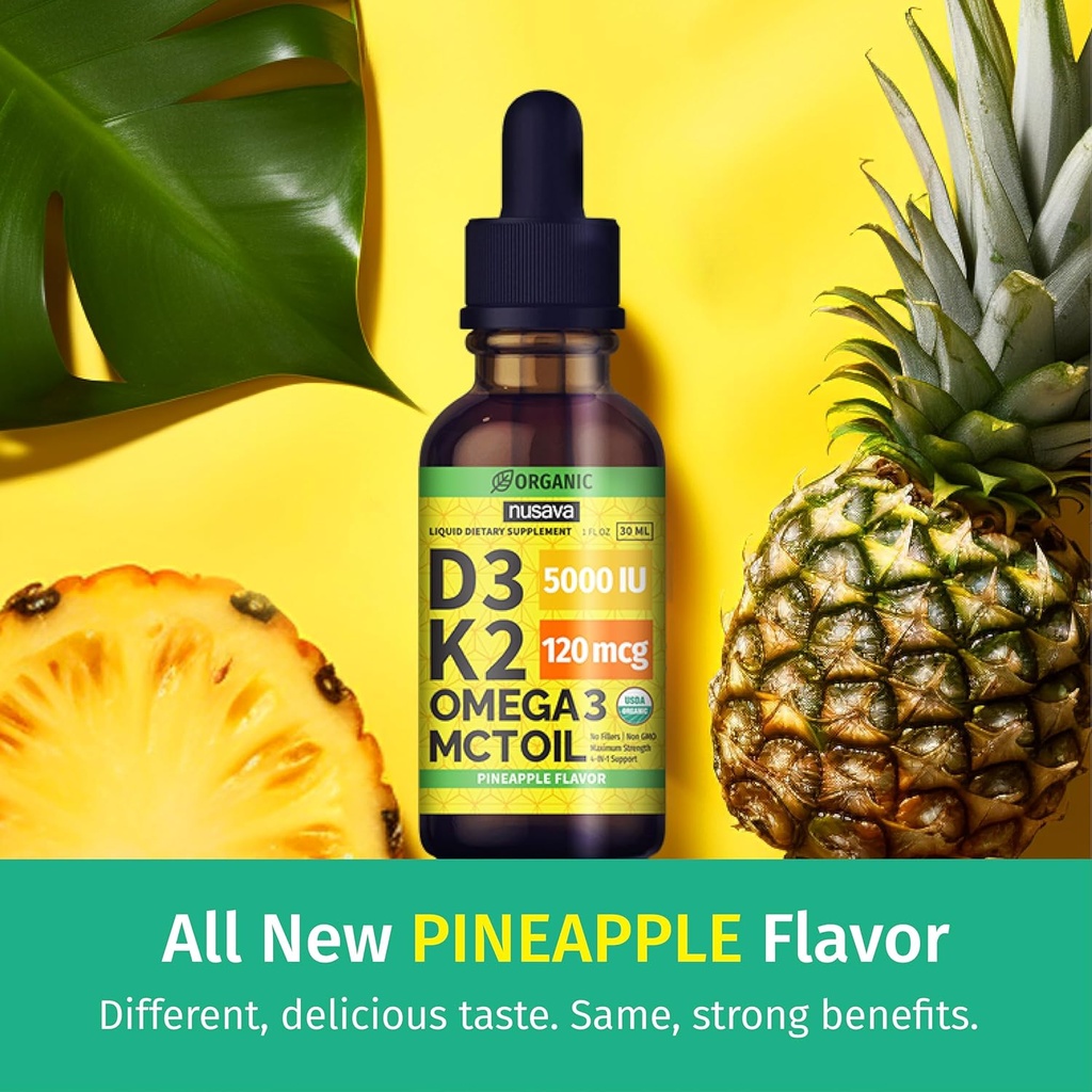 (2 Pack) Organic Vitamin D3 K2 Drops with MCT Oil Omega 3, Maximum Strength Vitamin D Liquid 5000 IU, No Fillers, Non-GMO Liquid D3 for Faster Absorption and Immune Support (Pineapple, 2 Fl Oz) 3