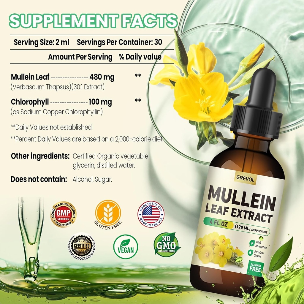 Mullein Drops for Lungs Supplement: Organic Mullein Leaf 30:1 Extract Tincture with Chlorophyll - Herbal Supplement Support Lung Cleanse & Respiratory Function - Non-GMO, Vegan - 4 Fl Oz 3