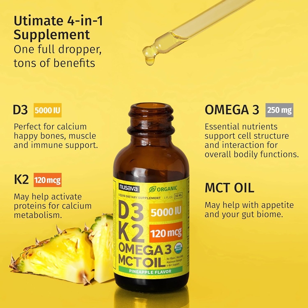 (2 Pack) Organic Vitamin D3 K2 Drops with MCT Oil Omega 3, Maximum Strength Vitamin D Liquid 5000 IU, No Fillers, Non-GMO Liquid D3 for Faster Absorption and Immune Support (Pineapple, 2 Fl Oz) 5