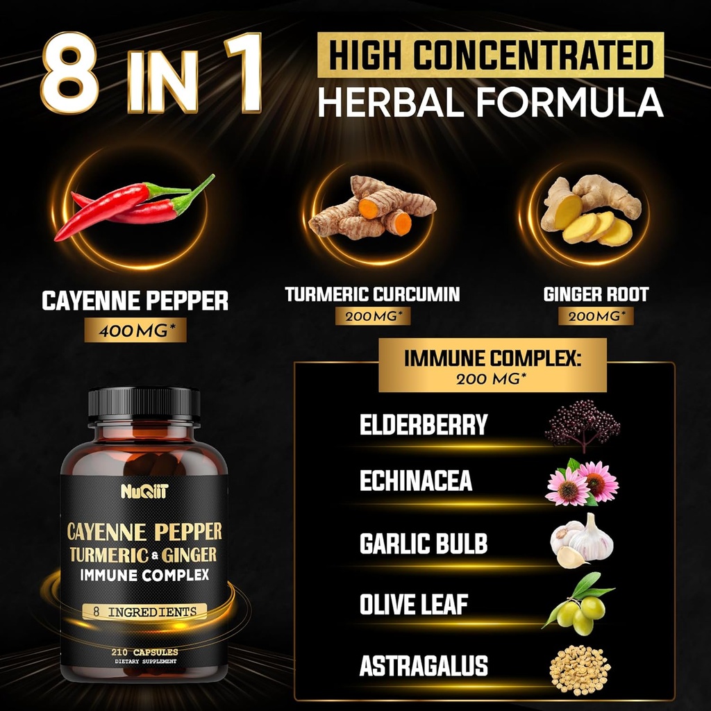210 Pills - Cayenne Pepper Capsules Organic with Turmeric, Ginger, Immune Support Complex as Elderberry, Echinacea, Garlic Bulb - Digestion, Heart Health & Body Management 3